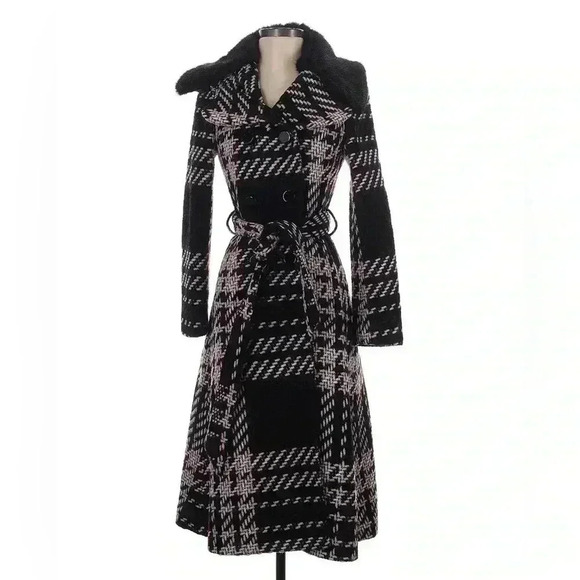 Kate Spade Wool Coat Plaid Belted Long Fur Collar Trim Pink Double Breasted 0 XS - Picture 4 of 10